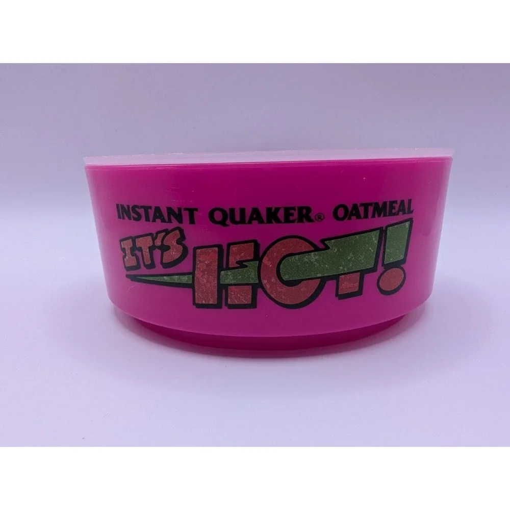 Vintage Instant Quaker Oatmeal It's HOT Pink Plastic Color Bowl 1992 With Lid